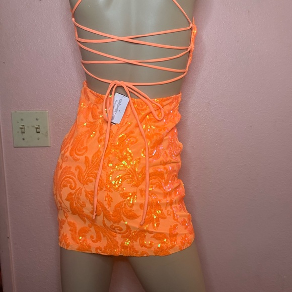 Windsor Neon Orange Sequin Lace Mini Dress – Crisscross Open Back - Picture 8 of 11